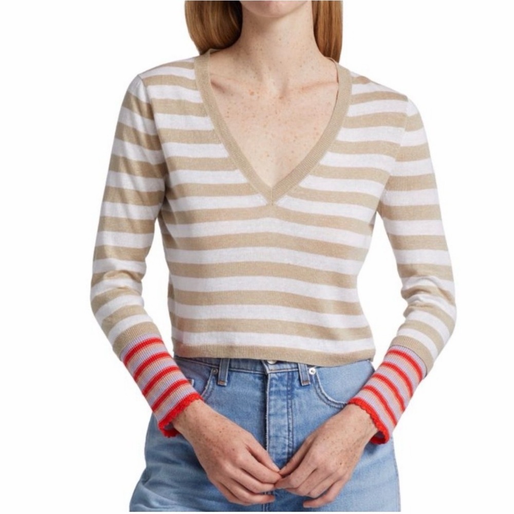 Veronica Beard Taupe and Cream Knit Top